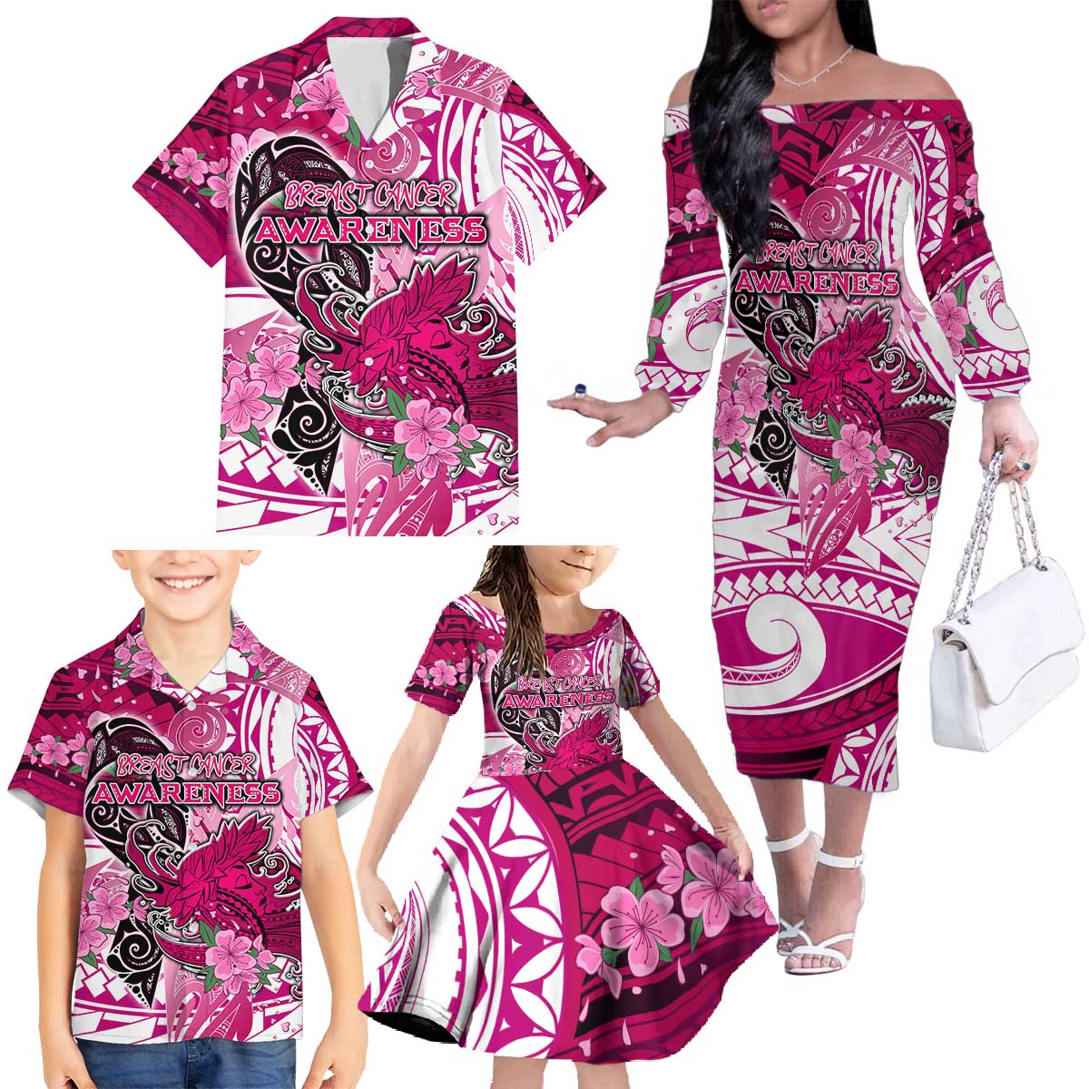 Breast Cancer Awareness Hawaii Family Matching Off The Shoulder Long Sleeve Dress and Hawaiian Shirt Polynesia Girl Nobody Fights Alone DT02 - Polynesian Pride