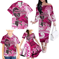 Breast Cancer Awareness Hawaii Family Matching Off The Shoulder Long Sleeve Dress and Hawaiian Shirt Polynesia Girl Nobody Fights Alone DT02 - Polynesian Pride