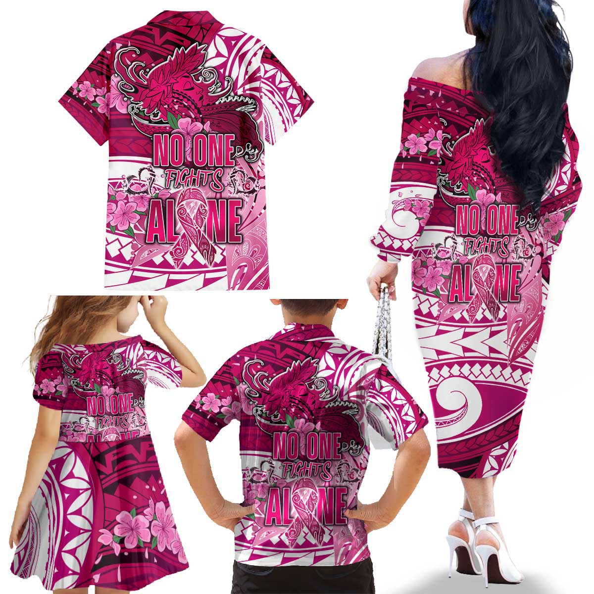 Breast Cancer Awareness Hawaii Family Matching Off The Shoulder Long Sleeve Dress and Hawaiian Shirt Polynesia Girl Nobody Fights Alone DT02 - Polynesian Pride