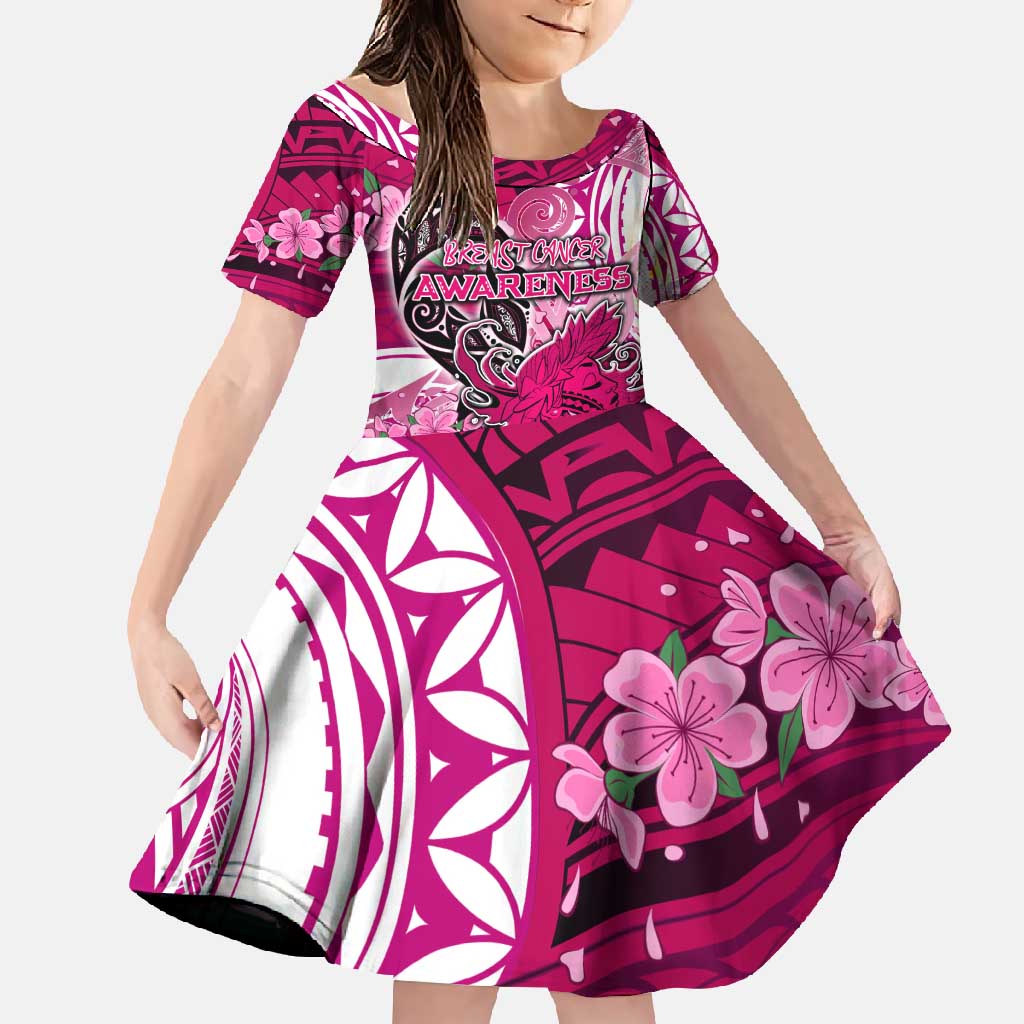 Breast Cancer Awareness Hawaii Family Matching Off Shoulder Maxi Dress and Hawaiian Shirt Polynesia Girl Nobody Fights Alone DT02 Daughter's Dress Pink - Polynesian Pride