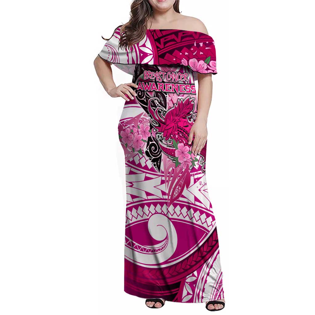 Breast Cancer Awareness Hawaii Family Matching Off Shoulder Maxi Dress and Hawaiian Shirt Polynesia Girl Nobody Fights Alone DT02 Mom's Dress Pink - Polynesian Pride