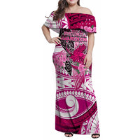 Breast Cancer Awareness Hawaii Family Matching Off Shoulder Maxi Dress and Hawaiian Shirt Polynesia Girl Nobody Fights Alone DT02 Mom's Dress Pink - Polynesian Pride
