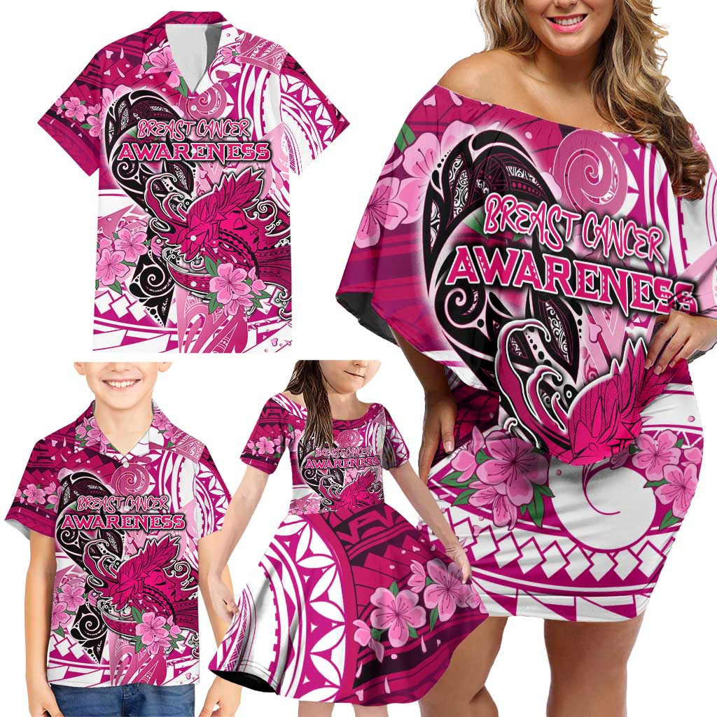 Breast Cancer Awareness Hawaii Family Matching Off Shoulder Short Dress and Hawaiian Shirt Polynesia Girl Nobody Fights Alone DT02 - Polynesian Pride