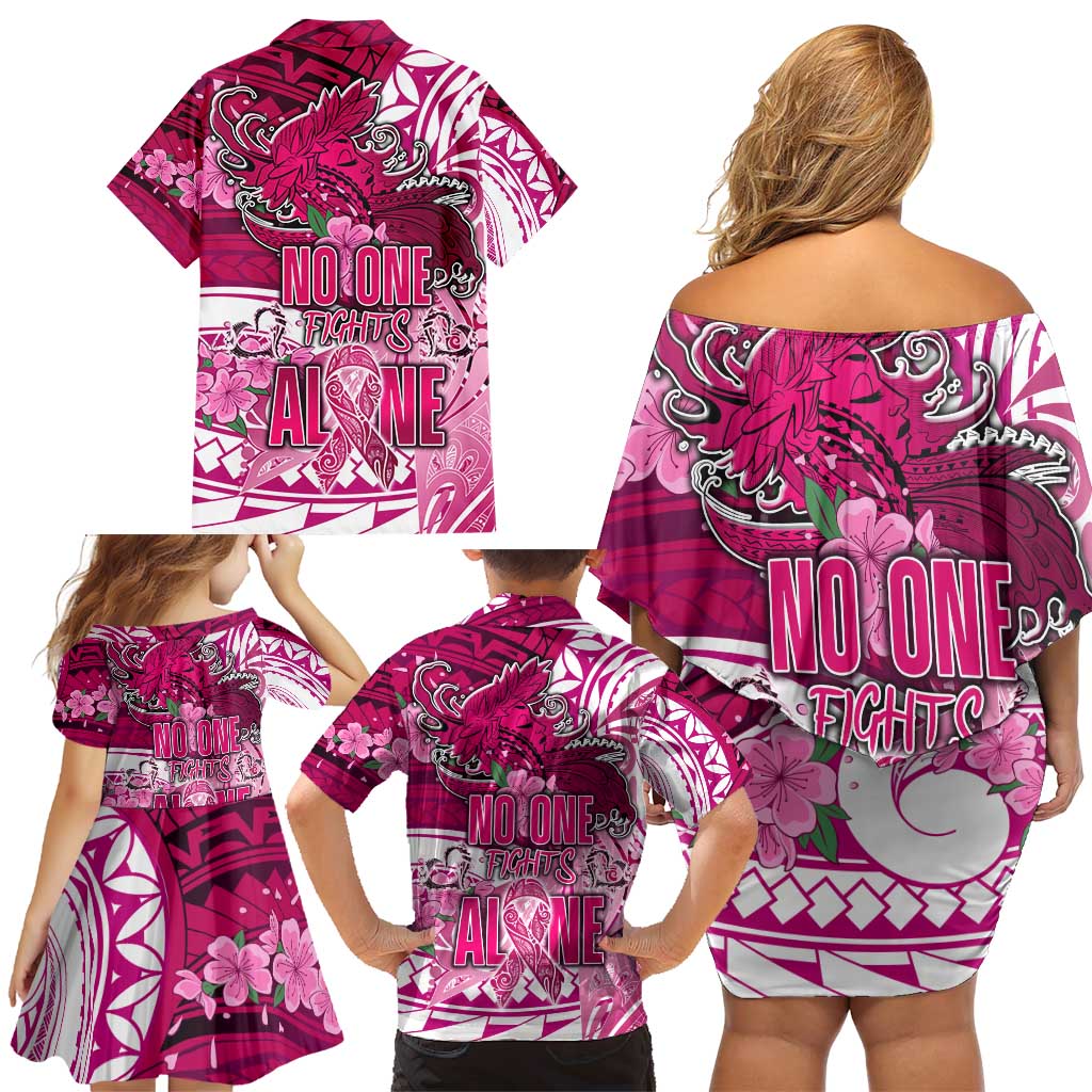 Breast Cancer Awareness Hawaii Family Matching Off Shoulder Short Dress and Hawaiian Shirt Polynesia Girl Nobody Fights Alone DT02 - Polynesian Pride