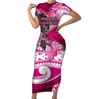 Breast Cancer Awareness Hawaii Family Matching Short Sleeve Bodycon Dress and Hawaiian Shirt Polynesia Girl Nobody Fights Alone DT02 Mom's Dress Pink - Polynesian Pride