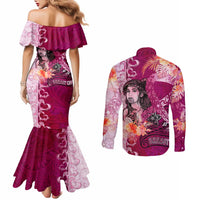 Breast Cancer New Zealand Couples Matching Mermaid Dress and Long Sleeve Button Shirt Maori Aotearoa Girl Pink Out DT02 - Polynesian Pride