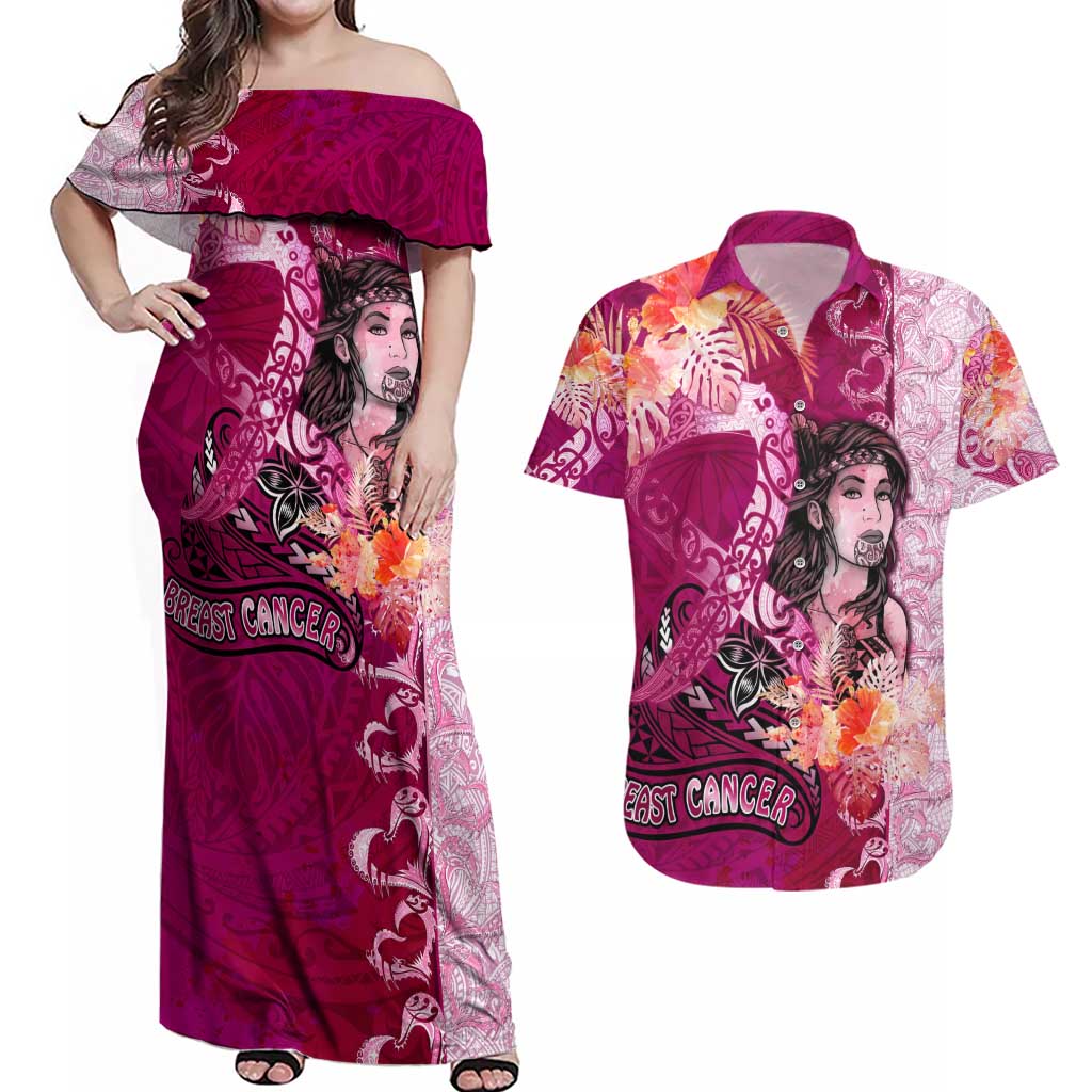 Breast Cancer New Zealand Couples Matching Off Shoulder Maxi Dress and Hawaiian Shirt Maori Aotearoa Girl Pink Out DT02 Pink - Polynesian Pride