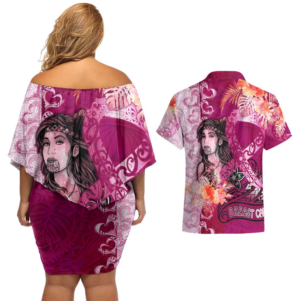 Breast Cancer New Zealand Couples Matching Off Shoulder Short Dress and Hawaiian Shirt Maori Aotearoa Girl Pink Out DT02 - Polynesian Pride