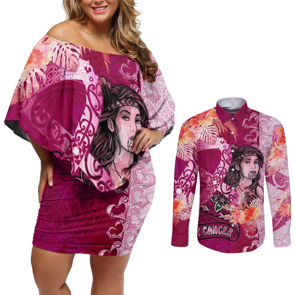 Breast Cancer New Zealand Couples Matching Off Shoulder Short Dress and Long Sleeve Button Shirt Maori Aotearoa Girl Pink Out DT02 Pink - Polynesian Pride