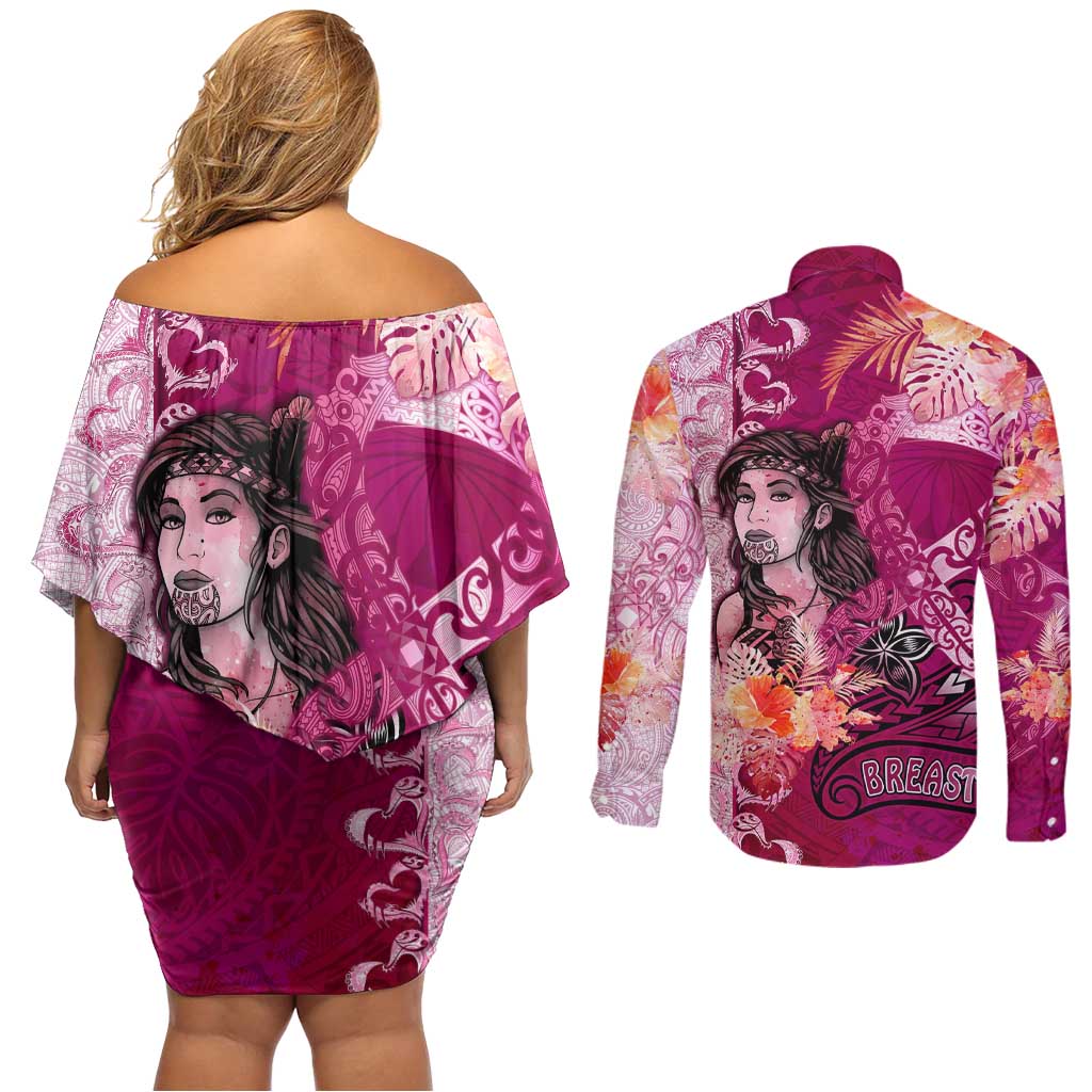 Breast Cancer New Zealand Couples Matching Off Shoulder Short Dress and Long Sleeve Button Shirt Maori Aotearoa Girl Pink Out DT02 - Polynesian Pride