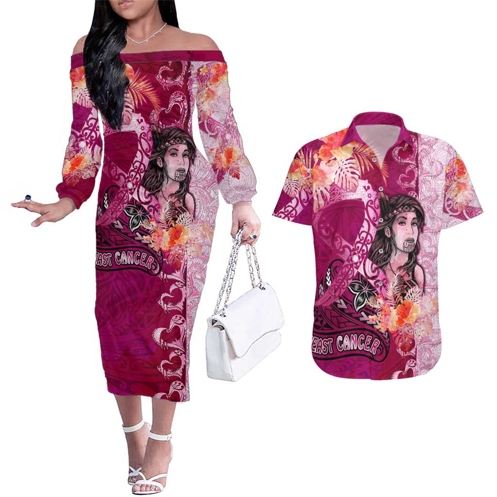 Breast Cancer New Zealand Couples Matching Off The Shoulder Long Sleeve Dress and Hawaiian Shirt Maori Aotearoa Girl Pink Out DT02 Pink - Polynesian Pride