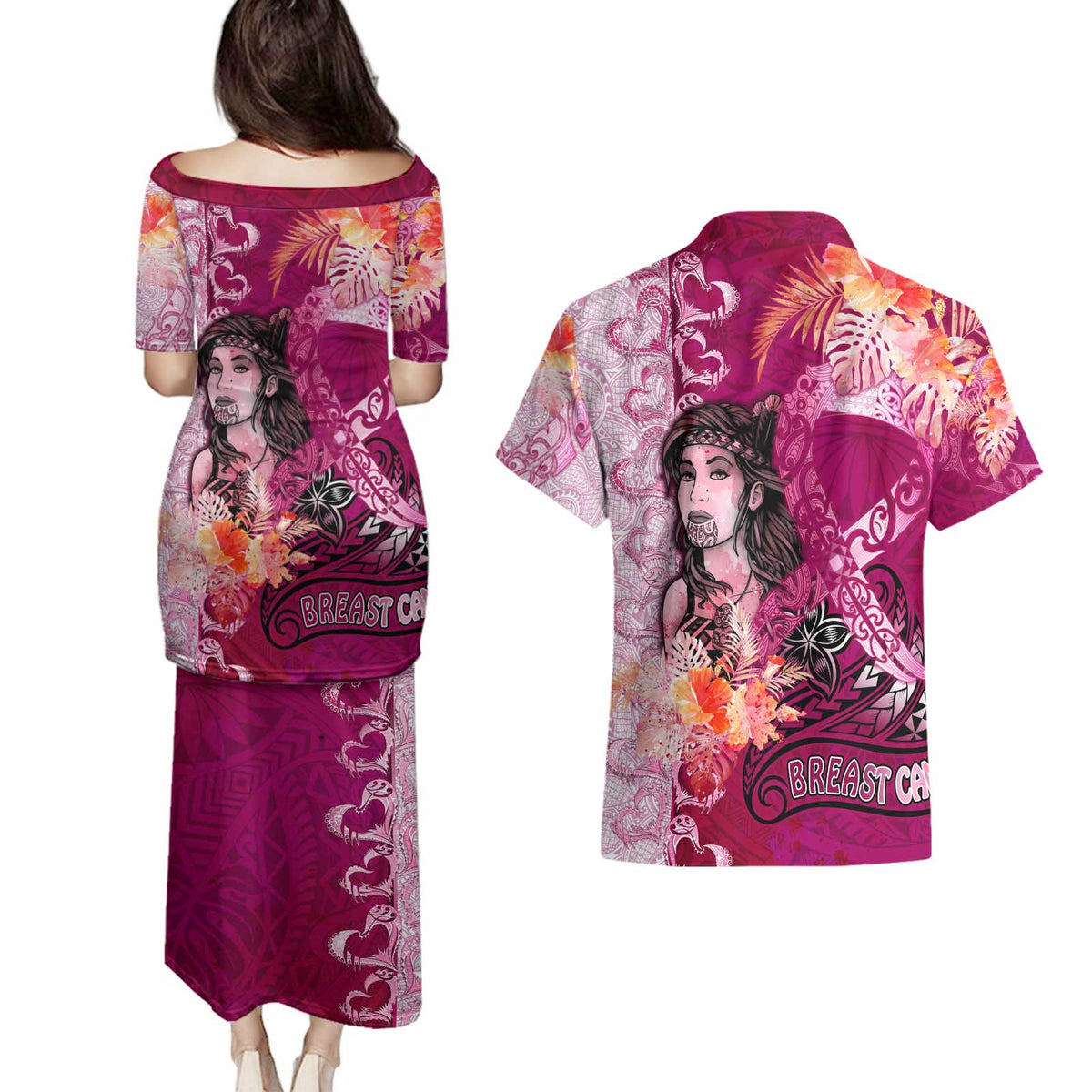 Breast Cancer New Zealand Couples Matching Puletasi and Hawaiian Shirt Maori Aotearoa Girl Pink Out DT02 - Polynesian Pride