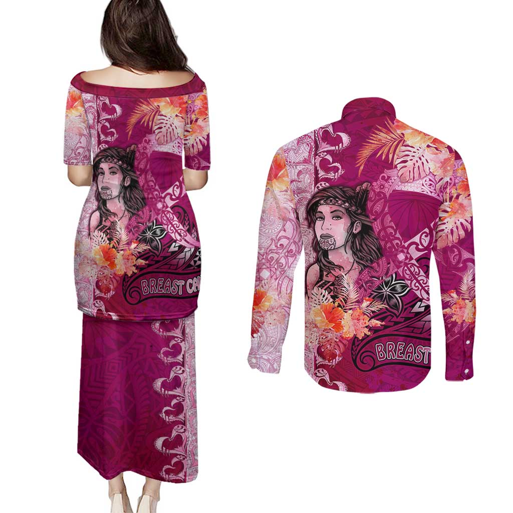Breast Cancer New Zealand Couples Matching Puletasi and Long Sleeve Button Shirt Maori Aotearoa Girl Pink Out DT02 - Polynesian Pride