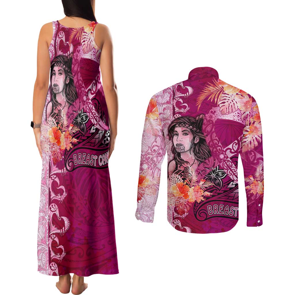 Breast Cancer New Zealand Couples Matching Tank Maxi Dress and Long Sleeve Button Shirt Maori Aotearoa Girl Pink Out DT02 - Polynesian Pride