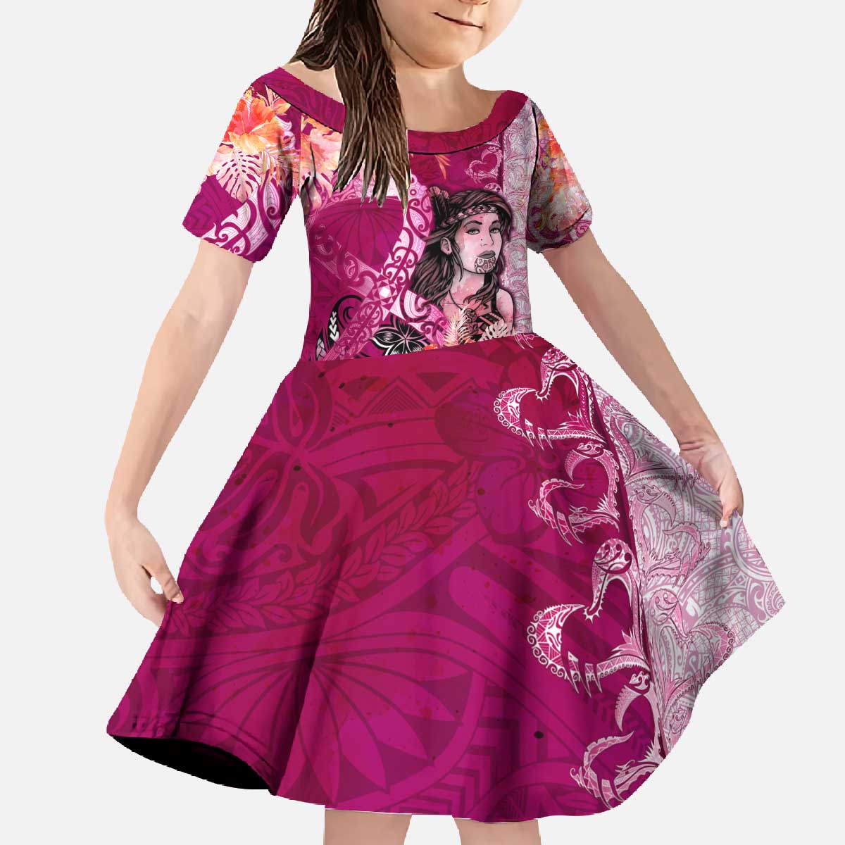 Breast Cancer New Zealand Family Matching Off The Shoulder Long Sleeve Dress and Hawaiian Shirt Maori Aotearoa Girl Pink Out DT02 Daughter's Dress Pink - Polynesian Pride