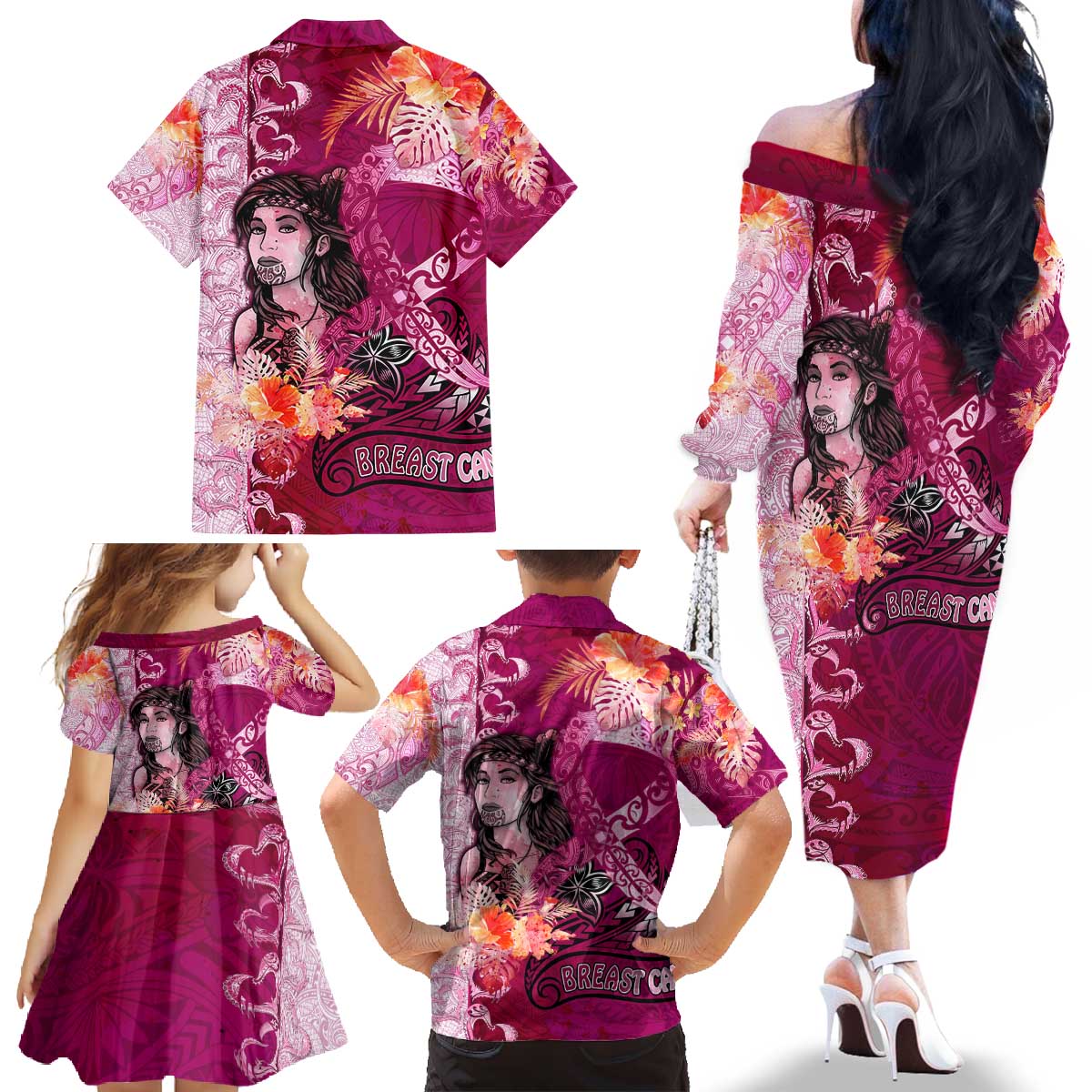 Breast Cancer New Zealand Family Matching Off The Shoulder Long Sleeve Dress and Hawaiian Shirt Maori Aotearoa Girl Pink Out DT02 - Polynesian Pride