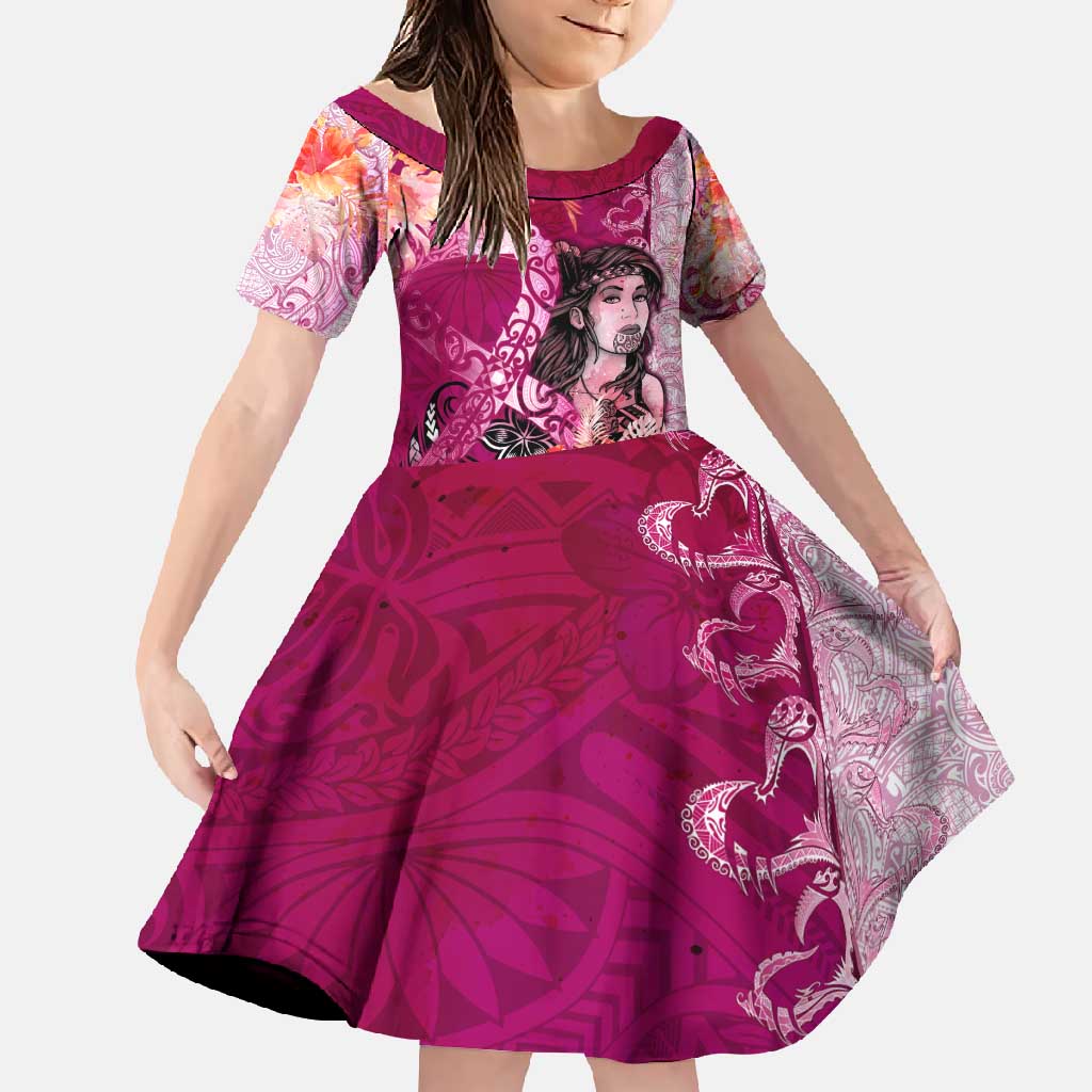 Breast Cancer New Zealand Family Matching Off Shoulder Maxi Dress and Hawaiian Shirt Maori Aotearoa Girl Pink Out DT02 Daughter's Dress Pink - Polynesian Pride