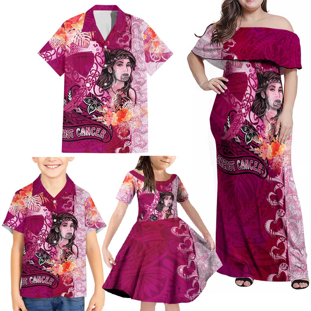 Breast Cancer New Zealand Family Matching Off Shoulder Maxi Dress and Hawaiian Shirt Maori Aotearoa Girl Pink Out DT02 - Polynesian Pride