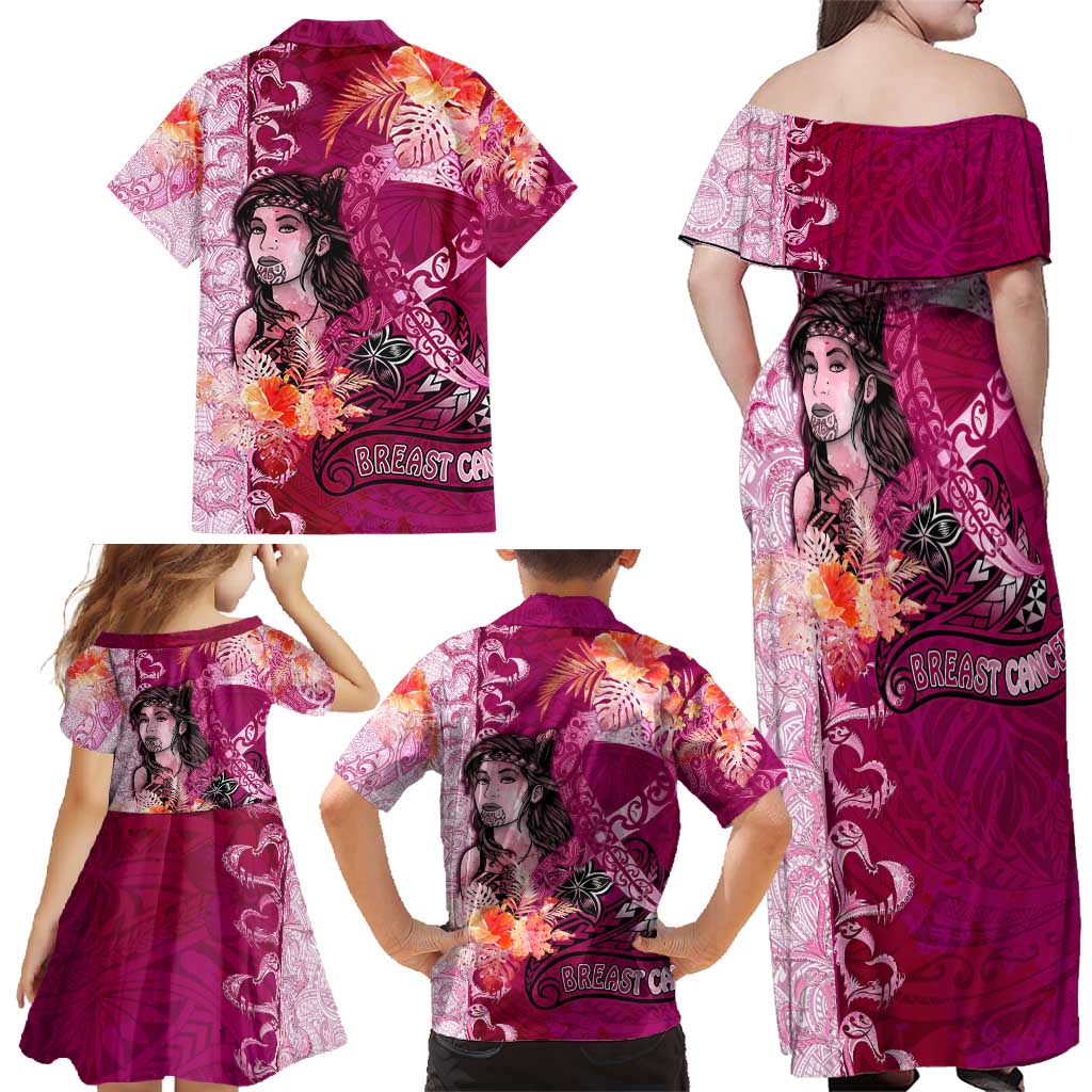 Breast Cancer New Zealand Family Matching Off Shoulder Maxi Dress and Hawaiian Shirt Maori Aotearoa Girl Pink Out DT02 - Polynesian Pride
