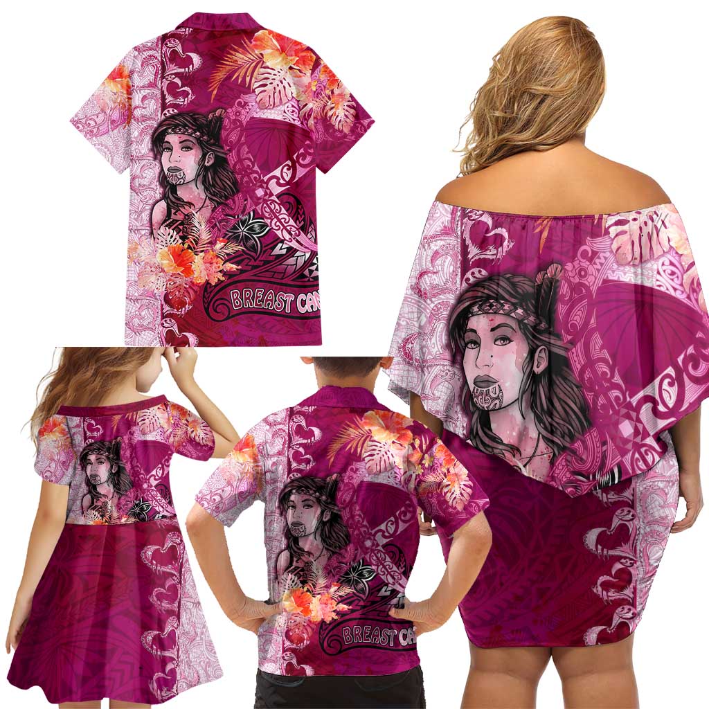 Breast Cancer New Zealand Family Matching Off Shoulder Short Dress and Hawaiian Shirt Maori Aotearoa Girl Pink Out DT02 - Polynesian Pride