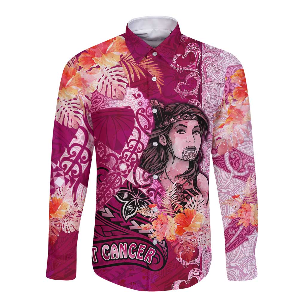 Breast Cancer New Zealand Long Sleeve Button Shirt Maori Aotearoa Girl Pink Out DT02 Unisex Pink - Polynesian Pride