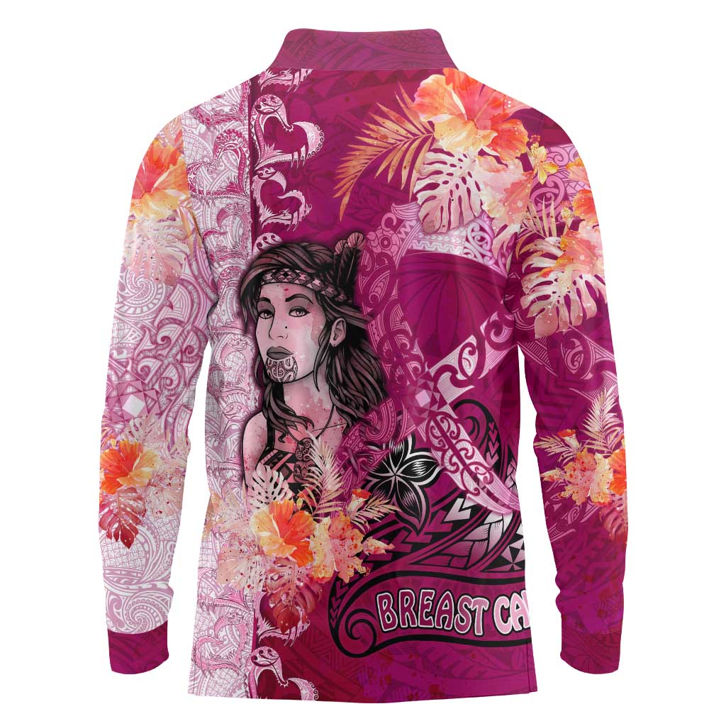 Breast Cancer New Zealand Long Sleeve Polo Shirt Maori Aotearoa Girl Pink Out
