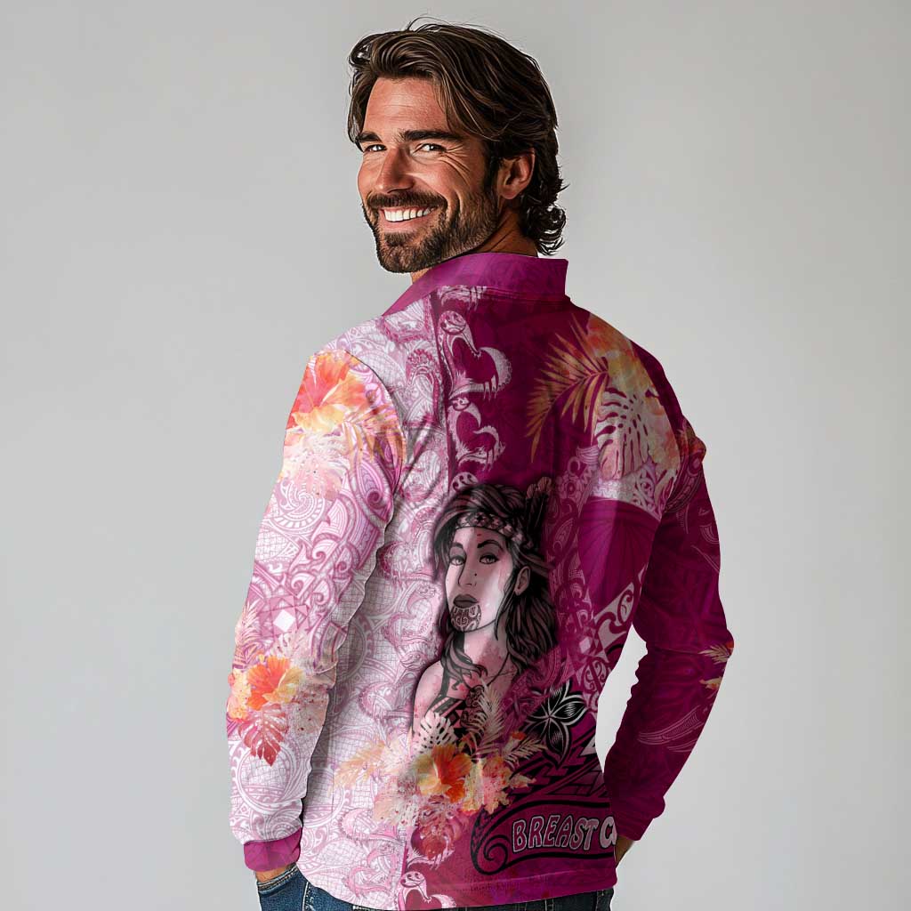 Breast Cancer New Zealand Long Sleeve Polo Shirt Maori Aotearoa Girl Pink Out