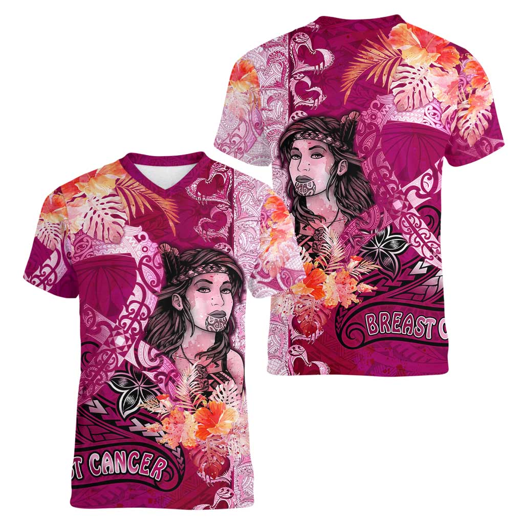 Breast Cancer New Zealand Women V-Neck T-Shirt Maori Aotearoa Girl Pink Out