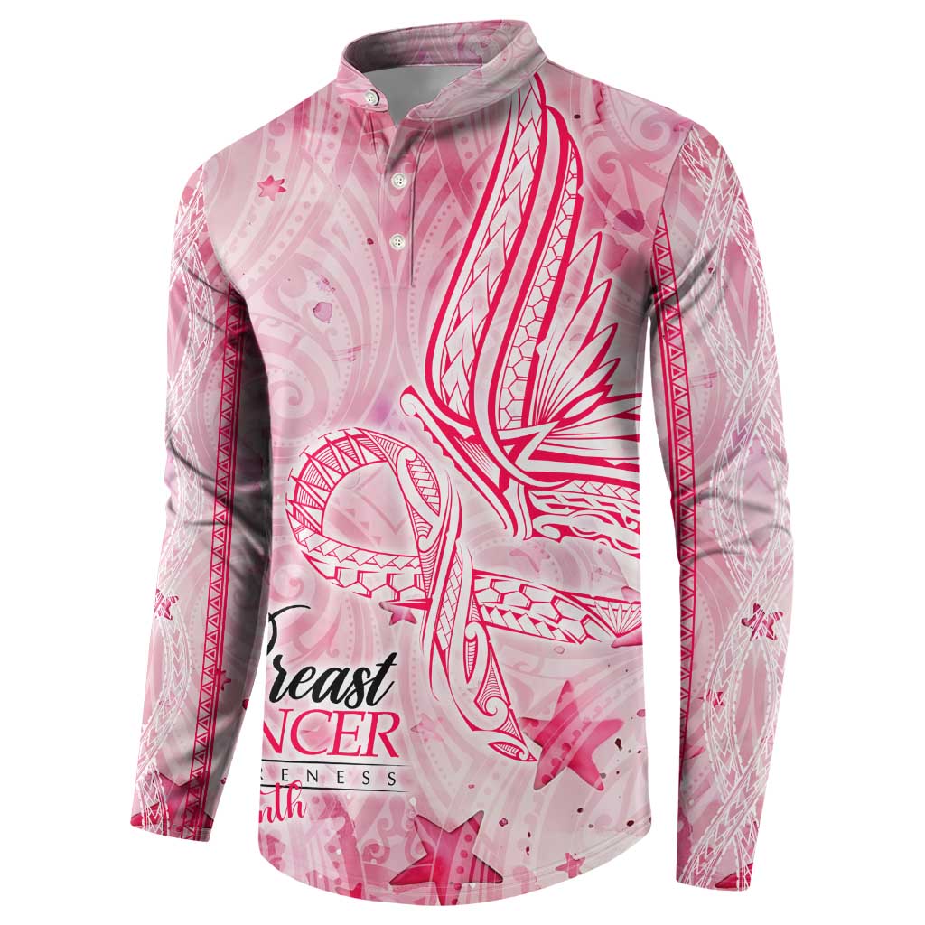 Breast Cancer Awareness Month Button Sweatshirt Butterfly Polynesia Watercolor Pink