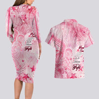 Breast Cancer Awareness Month Couples Matching Long Sleeve Bodycon Dress and Hawaiian Shirt Butterfly Polynesia Watercolor Pink DT02 - Polynesian Pride
