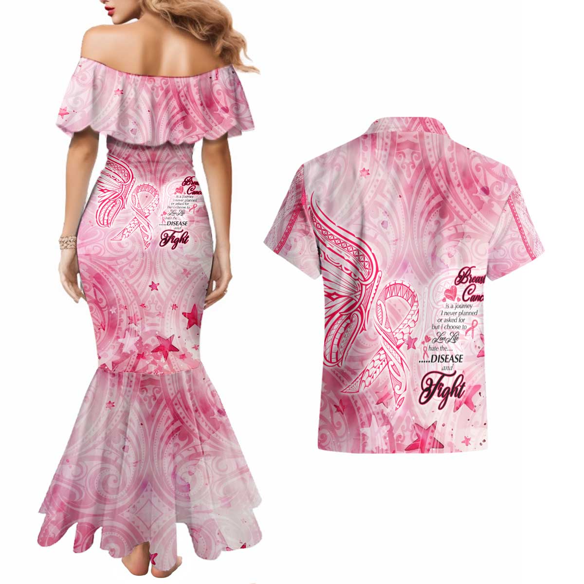 Breast Cancer Awareness Month Couples Matching Mermaid Dress and Hawaiian Shirt Butterfly Polynesia Watercolor Pink DT02 - Polynesian Pride