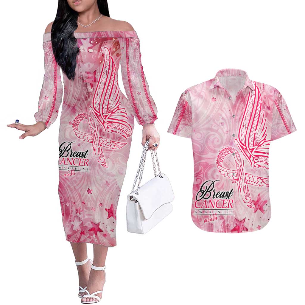 Breast Cancer Awareness Month Couples Matching Off The Shoulder Long Sleeve Dress and Hawaiian Shirt Butterfly Polynesia Watercolor Pink DT02 Pink - Polynesian Pride