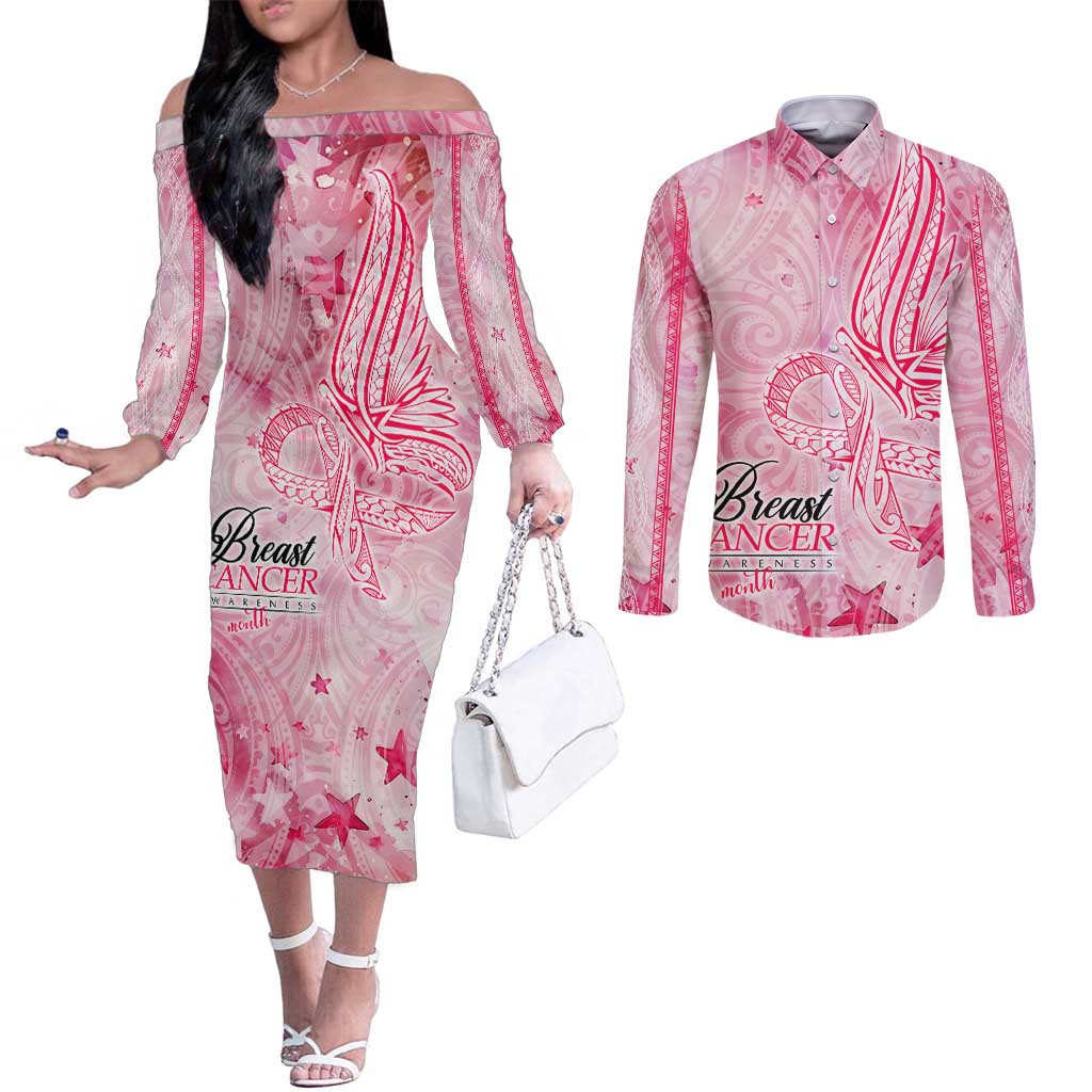Breast Cancer Awareness Month Couples Matching Off The Shoulder Long Sleeve Dress and Long Sleeve Button Shirt Butterfly Polynesia Watercolor Pink DT02 Pink - Polynesian Pride