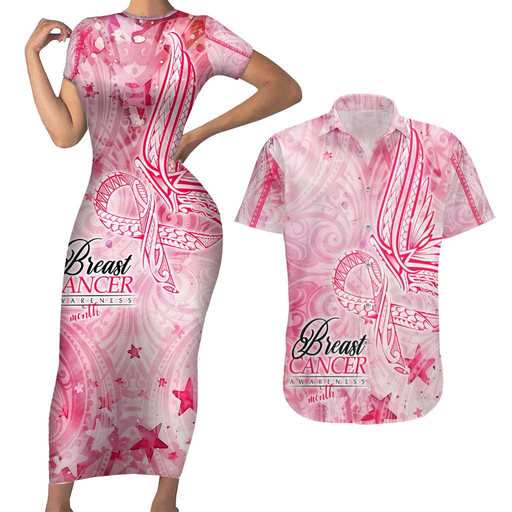 Breast Cancer Awareness Month Couples Matching Short Sleeve Bodycon Dress and Hawaiian Shirt Butterfly Polynesia Watercolor Pink DT02 Pink - Polynesian Pride