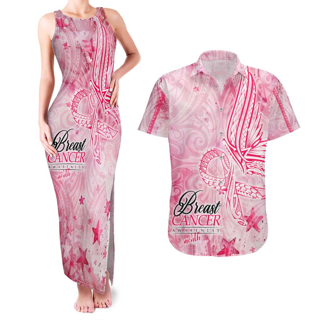 Breast Cancer Awareness Month Couples Matching Tank Maxi Dress and Hawaiian Shirt Butterfly Polynesia Watercolor Pink DT02 Pink - Polynesian Pride