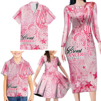 Breast Cancer Awareness Month Family Matching Long Sleeve Bodycon Dress and Hawaiian Shirt Butterfly Polynesia Watercolor Pink DT02 - Polynesian Pride