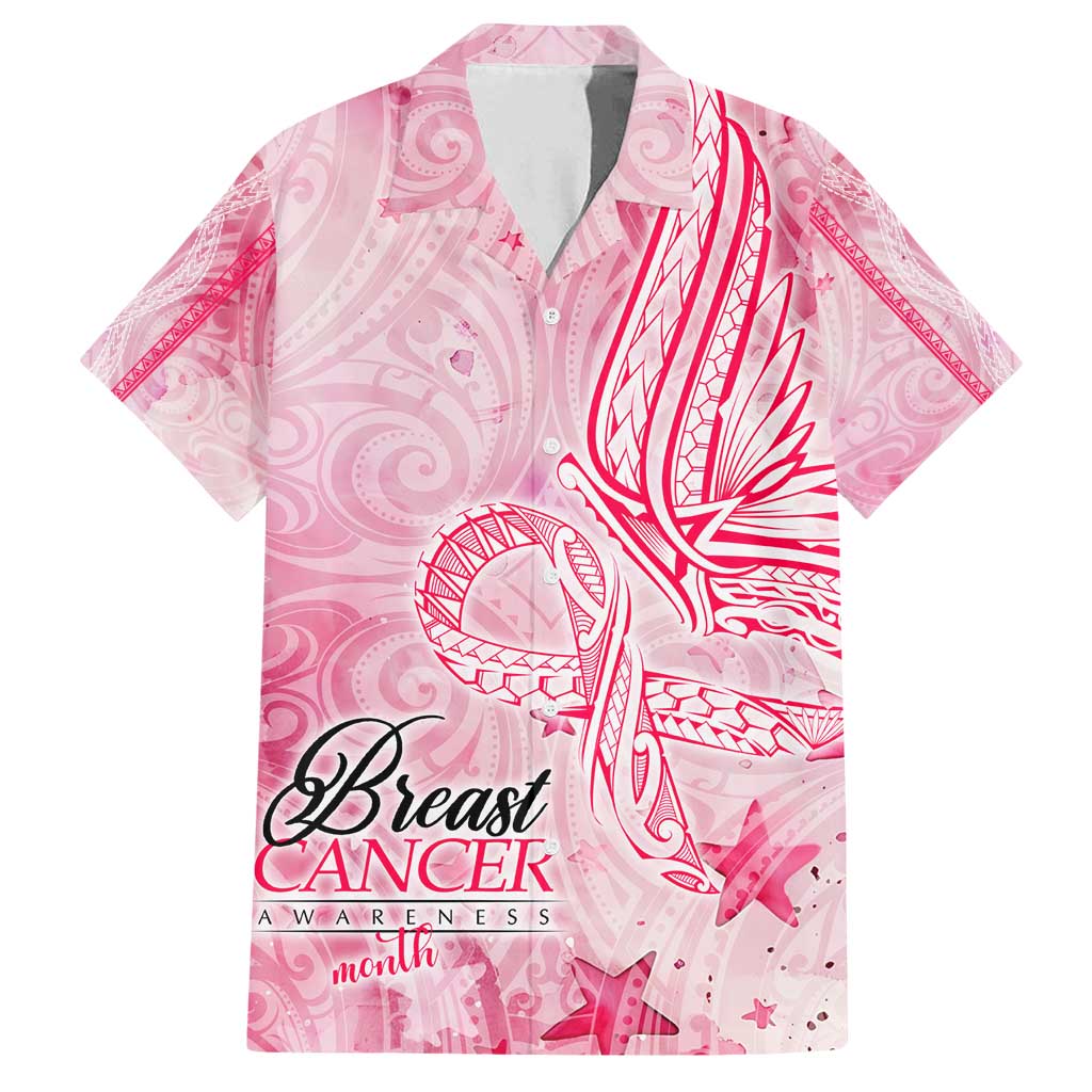 Breast Cancer Awareness Month Family Matching Long Sleeve Bodycon Dress and Hawaiian Shirt Butterfly Polynesia Watercolor Pink DT02 Dad's Shirt - Short Sleeve Pink - Polynesian Pride