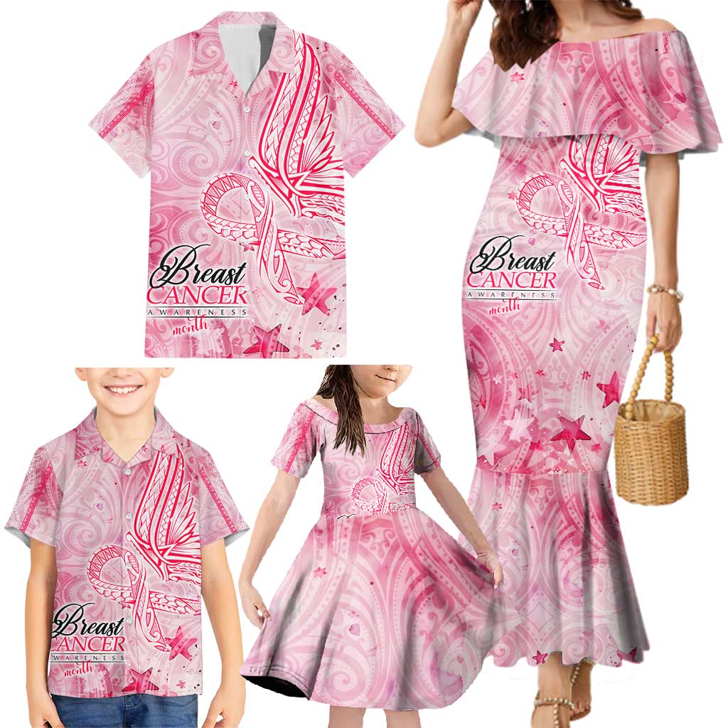 Breast Cancer Awareness Month Family Matching Mermaid Dress and Hawaiian Shirt Butterfly Polynesia Watercolor Pink DT02 - Polynesian Pride