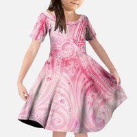 Breast Cancer Awareness Month Family Matching Off The Shoulder Long Sleeve Dress and Hawaiian Shirt Butterfly Polynesia Watercolor Pink DT02 Daughter's Dress Pink - Polynesian Pride