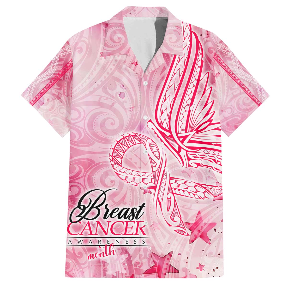 Breast Cancer Awareness Month Family Matching Off The Shoulder Long Sleeve Dress and Hawaiian Shirt Butterfly Polynesia Watercolor Pink DT02 Dad's Shirt - Short Sleeve Pink - Polynesian Pride