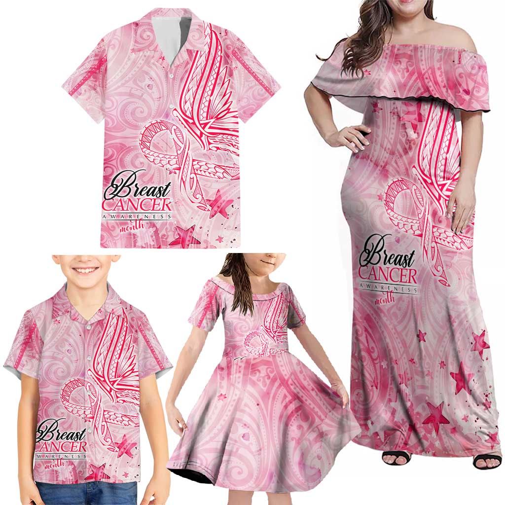 Breast Cancer Awareness Month Family Matching Off Shoulder Maxi Dress and Hawaiian Shirt Butterfly Polynesia Watercolor Pink DT02 - Polynesian Pride