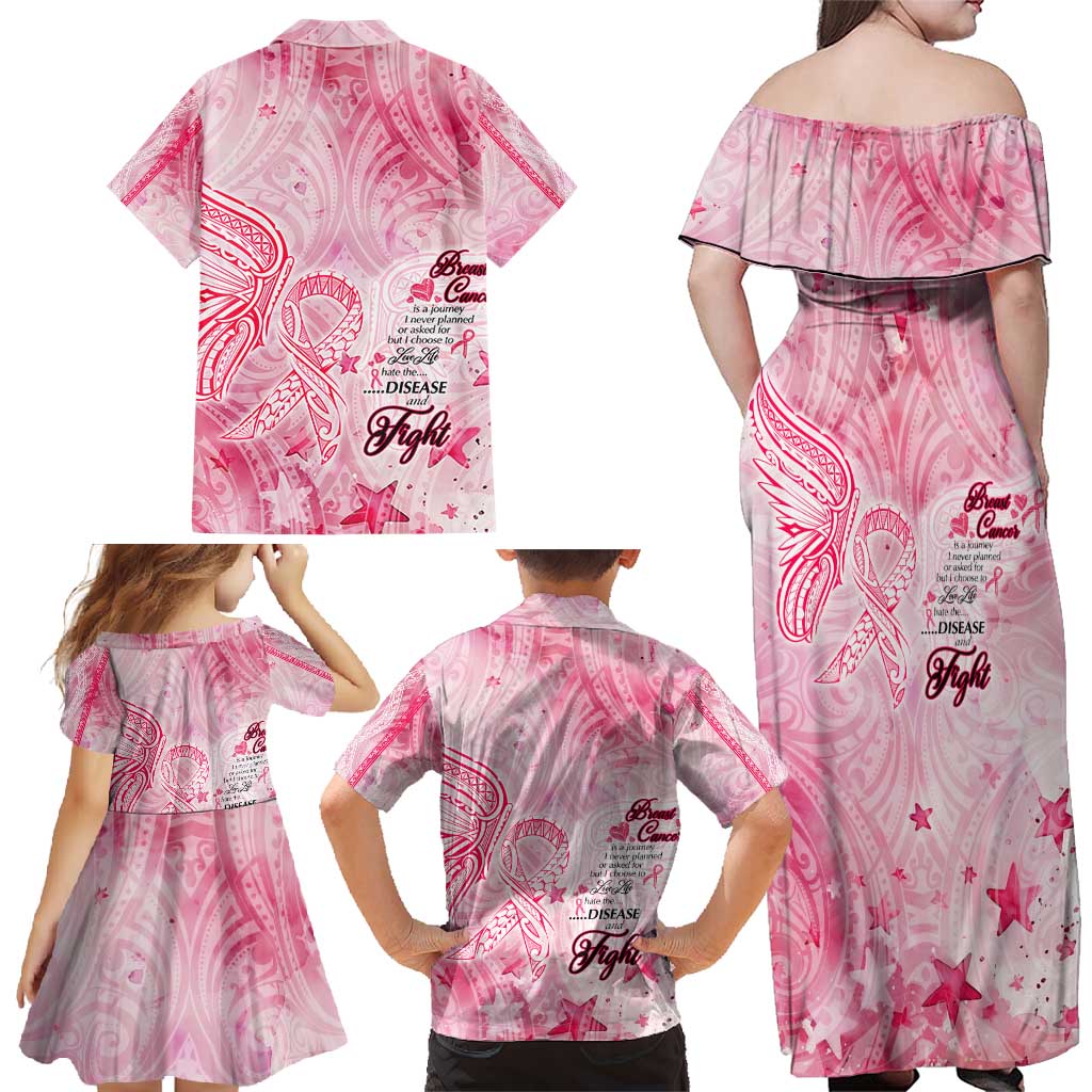 Breast Cancer Awareness Month Family Matching Off Shoulder Maxi Dress and Hawaiian Shirt Butterfly Polynesia Watercolor Pink DT02 - Polynesian Pride