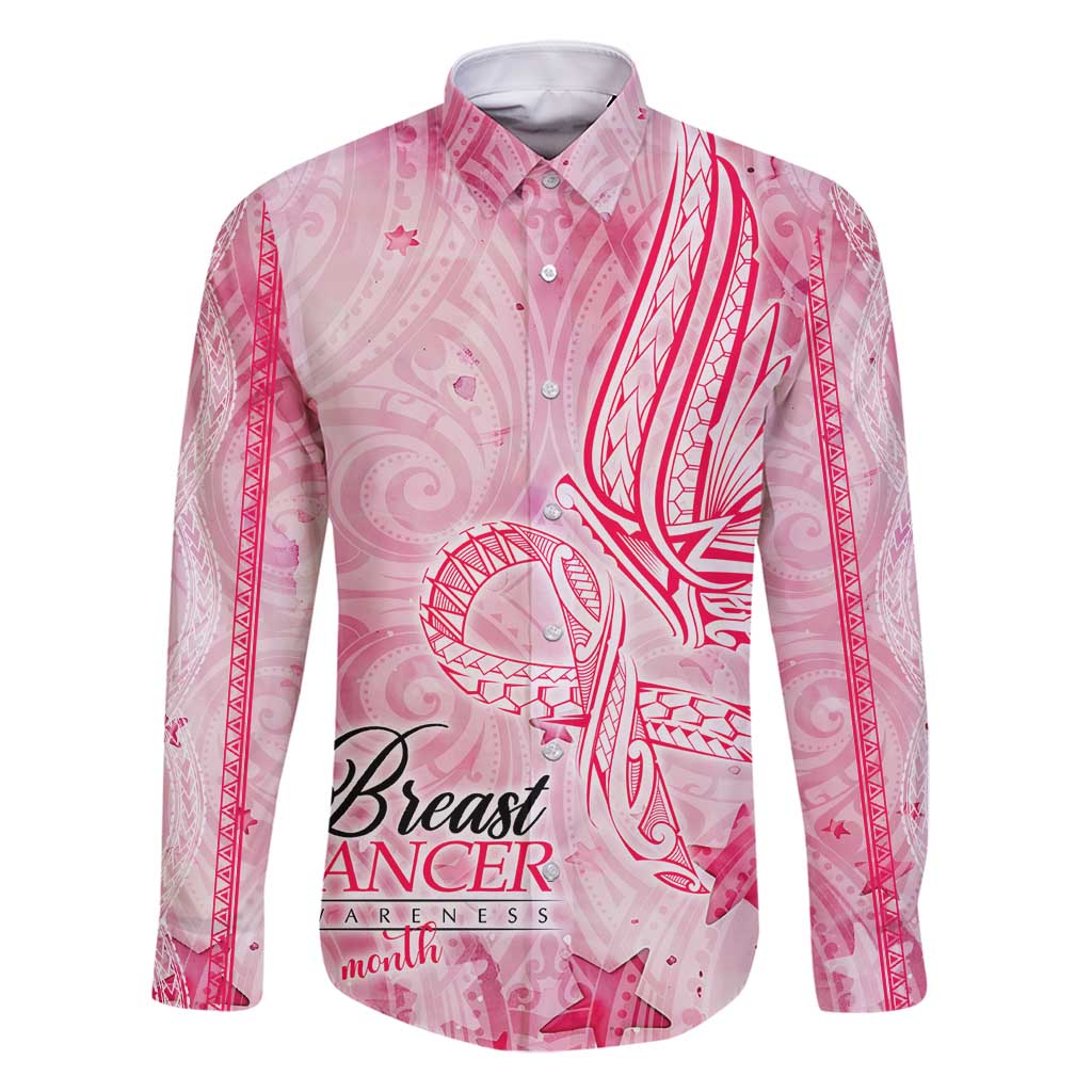 Breast Cancer Awareness Month Family Matching Off Shoulder Maxi Dress and Hawaiian Shirt Butterfly Polynesia Watercolor Pink DT02 Dad's Shirt - Long Sleeve Pink - Polynesian Pride