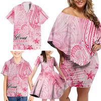 Breast Cancer Awareness Month Family Matching Off Shoulder Short Dress and Hawaiian Shirt Butterfly Polynesia Watercolor Pink DT02 - Polynesian Pride