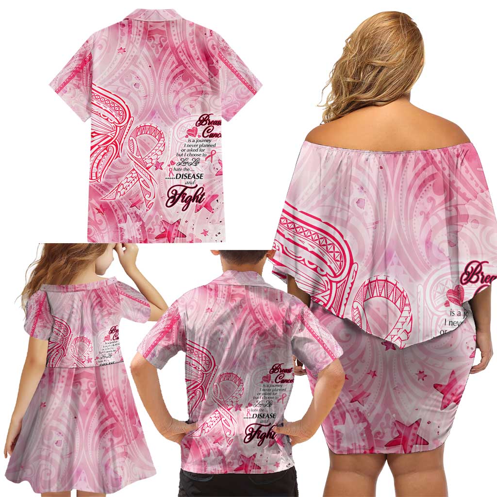 Breast Cancer Awareness Month Family Matching Off Shoulder Short Dress and Hawaiian Shirt Butterfly Polynesia Watercolor Pink DT02 - Polynesian Pride