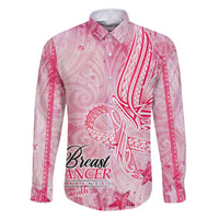 Breast Cancer Awareness Month Family Matching Off Shoulder Short Dress and Hawaiian Shirt Butterfly Polynesia Watercolor Pink DT02 Dad's Shirt - Long Sleeve Pink - Polynesian Pride