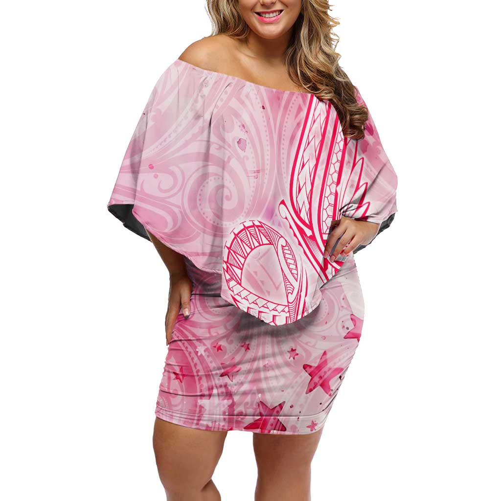 Breast Cancer Awareness Month Family Matching Off Shoulder Short Dress and Hawaiian Shirt Butterfly Polynesia Watercolor Pink DT02 Mom's Dress Pink - Polynesian Pride