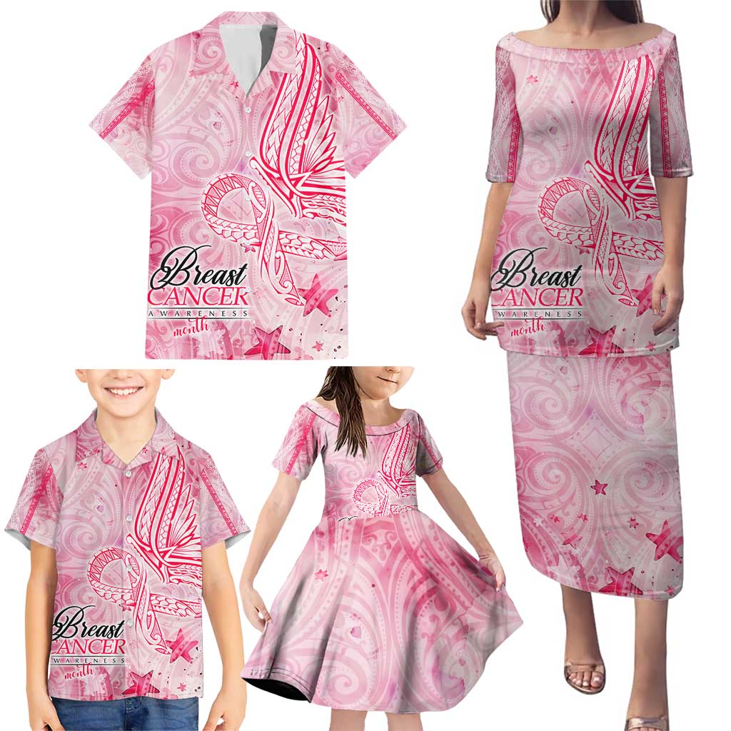 Breast Cancer Awareness Month Family Matching Puletasi and Hawaiian Shirt Butterfly Polynesia Watercolor Pink DT02 - Polynesian Pride