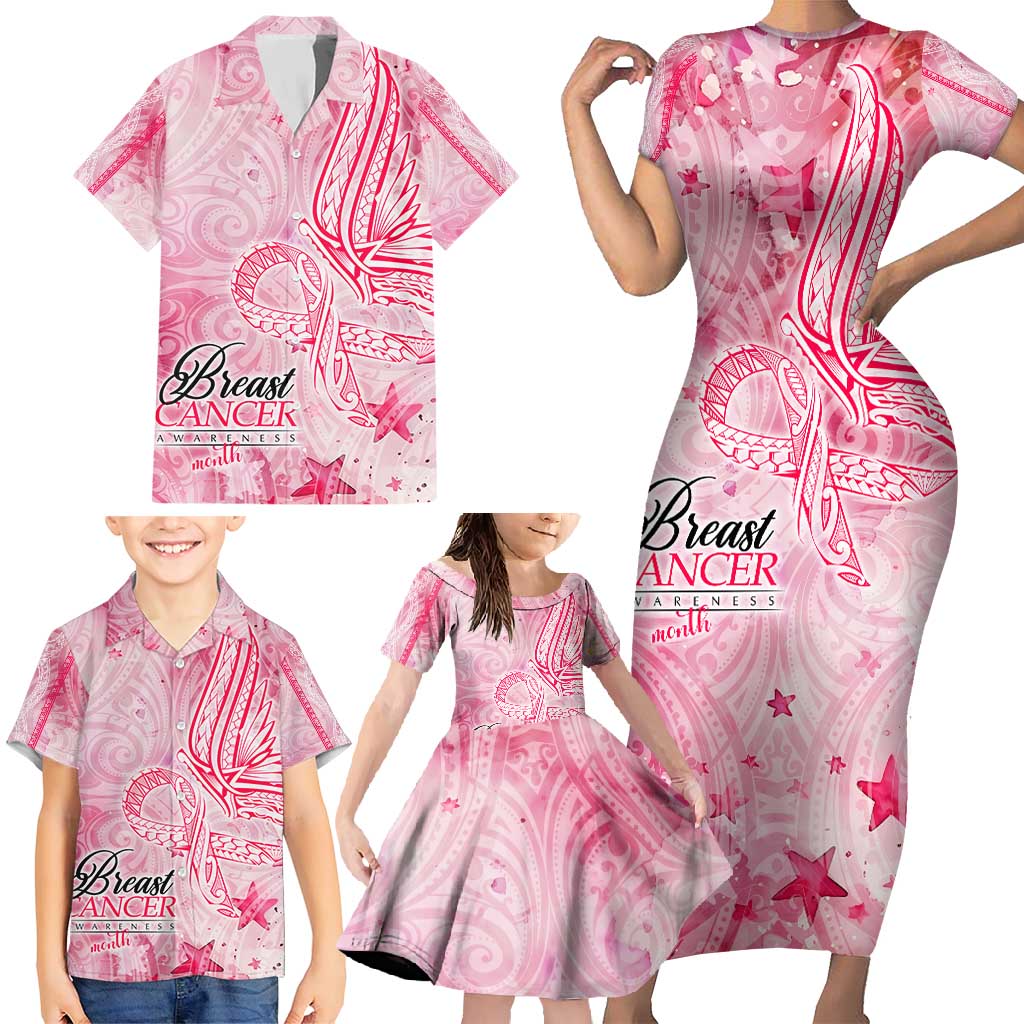 Breast Cancer Awareness Month Family Matching Short Sleeve Bodycon Dress and Hawaiian Shirt Butterfly Polynesia Watercolor Pink DT02 - Polynesian Pride