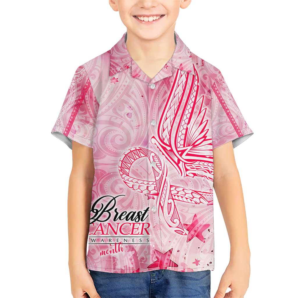 Breast Cancer Awareness Month Family Matching Short Sleeve Bodycon Dress and Hawaiian Shirt Butterfly Polynesia Watercolor Pink DT02 Son's Shirt Pink - Polynesian Pride